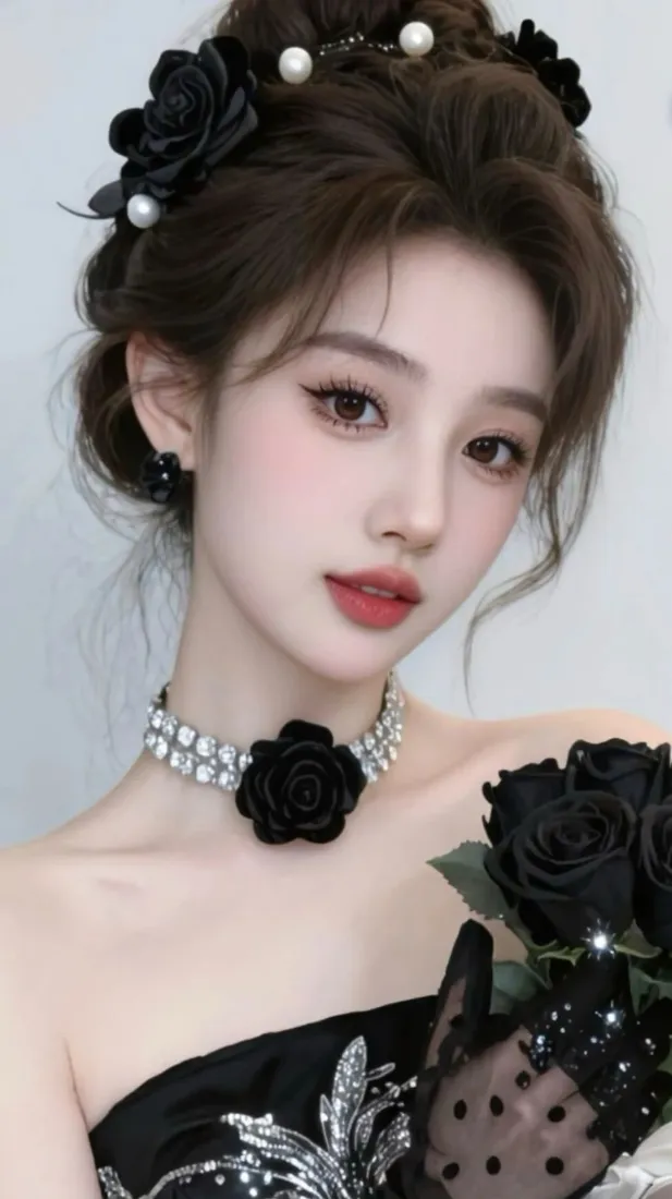 黑玫瑰美女手机壁纸｜黑色礼服背景图片 - 珍珠项链「哲风壁纸」