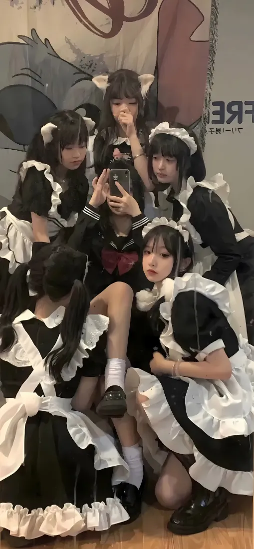 女仆女团手机壁纸｜黑丝美女背景图片 - 可爱制服少女「哲风壁纸」