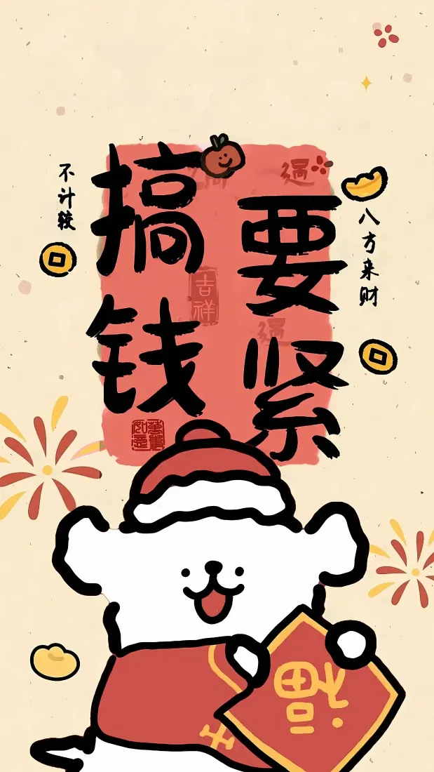 线条狗春节手机壁纸｜搞钱要紧背景图 - 红包烟花铜钱「哲风壁纸」