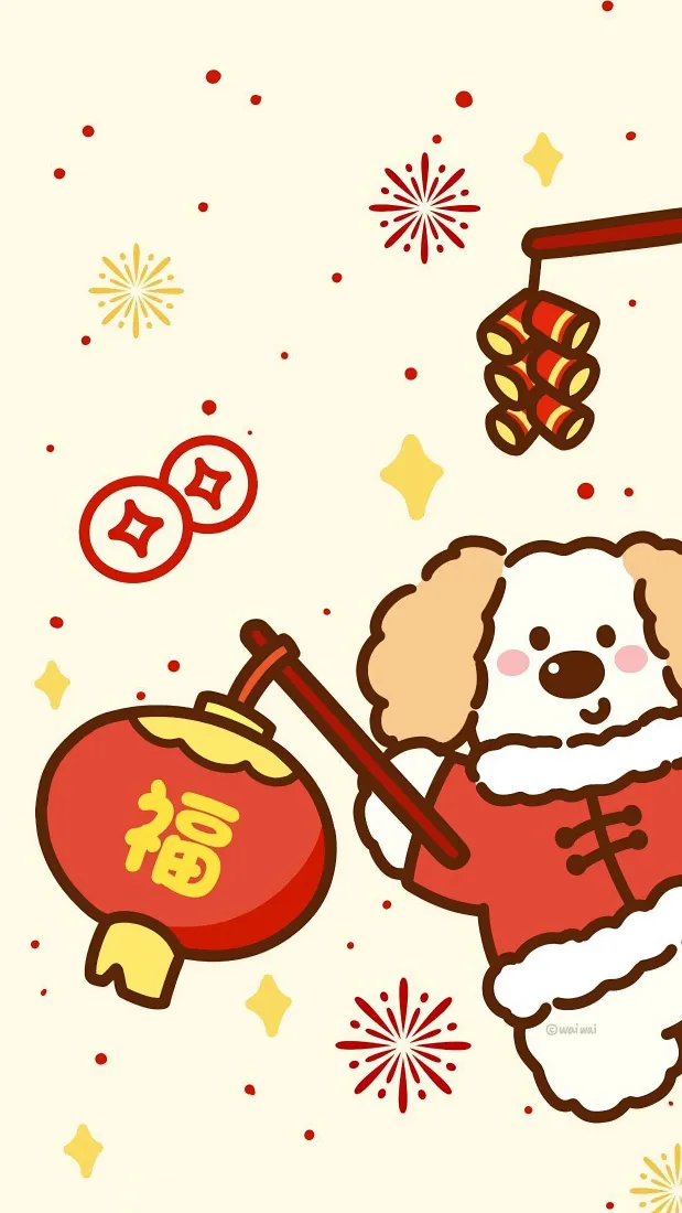 线条狗手机壁纸｜春节背景图 - 福字灯笼鞭炮「哲风壁纸」
