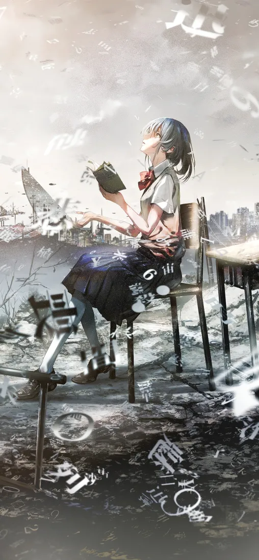 JK女孩手机壁纸｜废墟背景图片 - 动漫插画「哲风壁纸」
