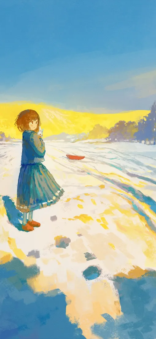 手绘雪景女孩手机壁纸｜冬日雪地背景图片 - 黄昏蓝天「哲风壁纸」