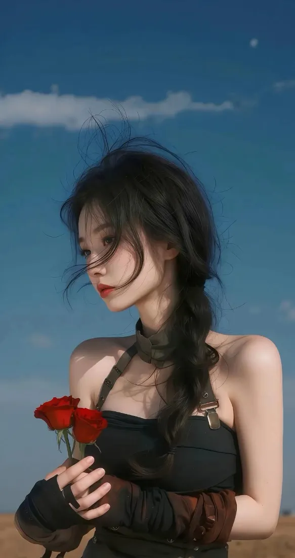 黑衣美女手机壁纸｜沙漠蓝天背景图片 - 红玫瑰高级「哲风壁纸」