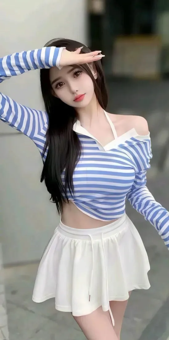 美女手机壁纸｜街道背景图片 - 蓝白条纹穿搭「哲风壁纸」