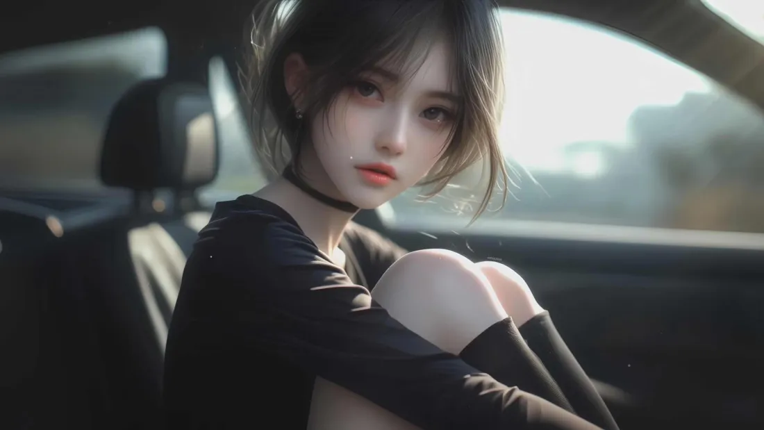 3k黑衣女生壁纸｜车内背景图片 - 红唇坐姿「哲风壁纸」