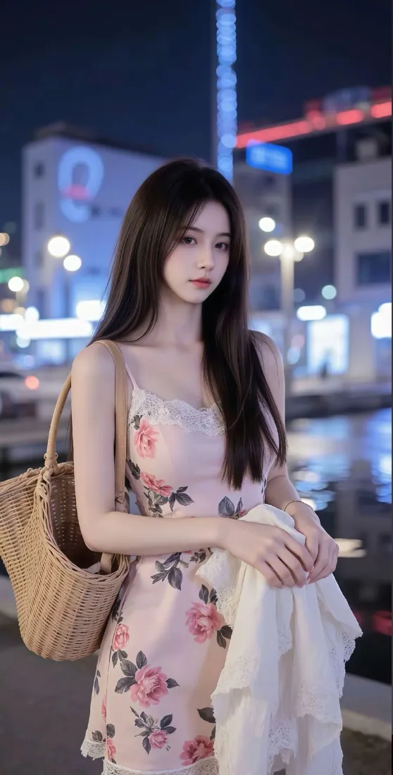 粉色碎花裙美女手机壁纸｜都市夜景背景图片 - 迷人穿搭「哲风壁纸」