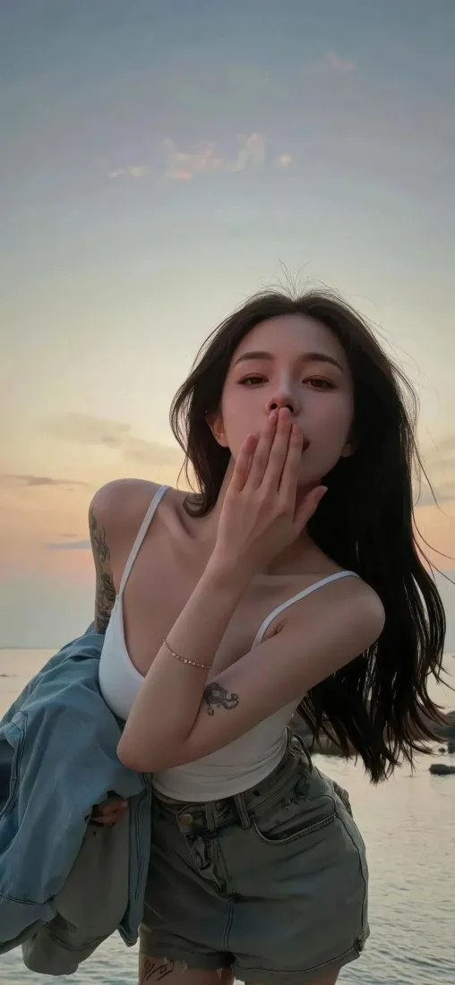 海边美女手机壁纸｜黄昏海景 - 性感吹吻「哲风壁纸」