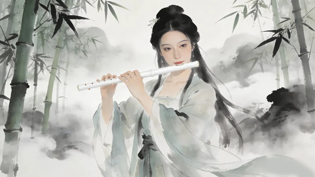 2k古风女子壁纸｜水墨风背景图片 - 竹林吹箫「哲风壁纸」