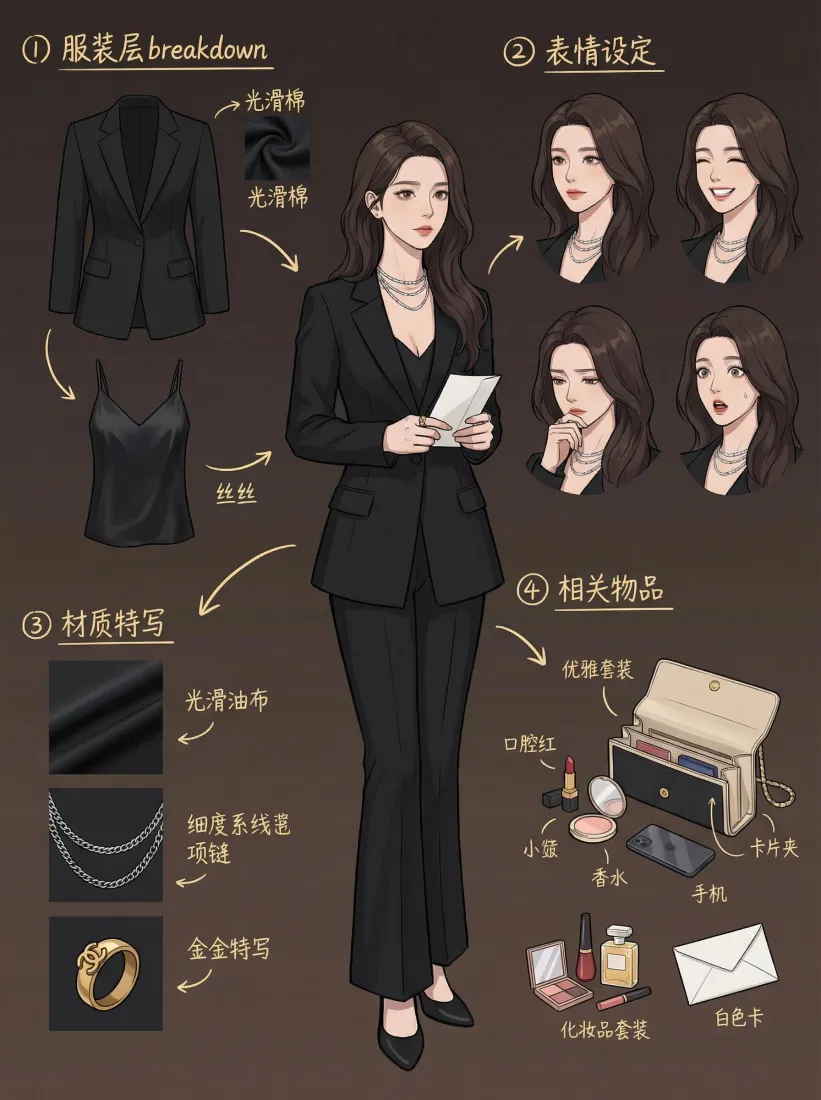 职场穿搭插画手机壁纸｜黑色西装背景 - 配饰妆容「哲风壁纸」