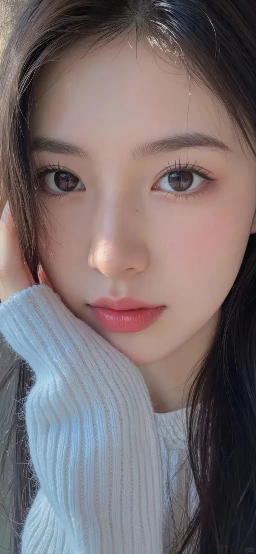 长发美女手机壁纸｜浅灰毛衣背景图 - 清新甜美「哲风壁纸」
