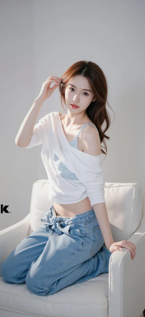 白衣美女手机壁纸｜简约背景图片 - 牛仔裤「哲风壁纸」