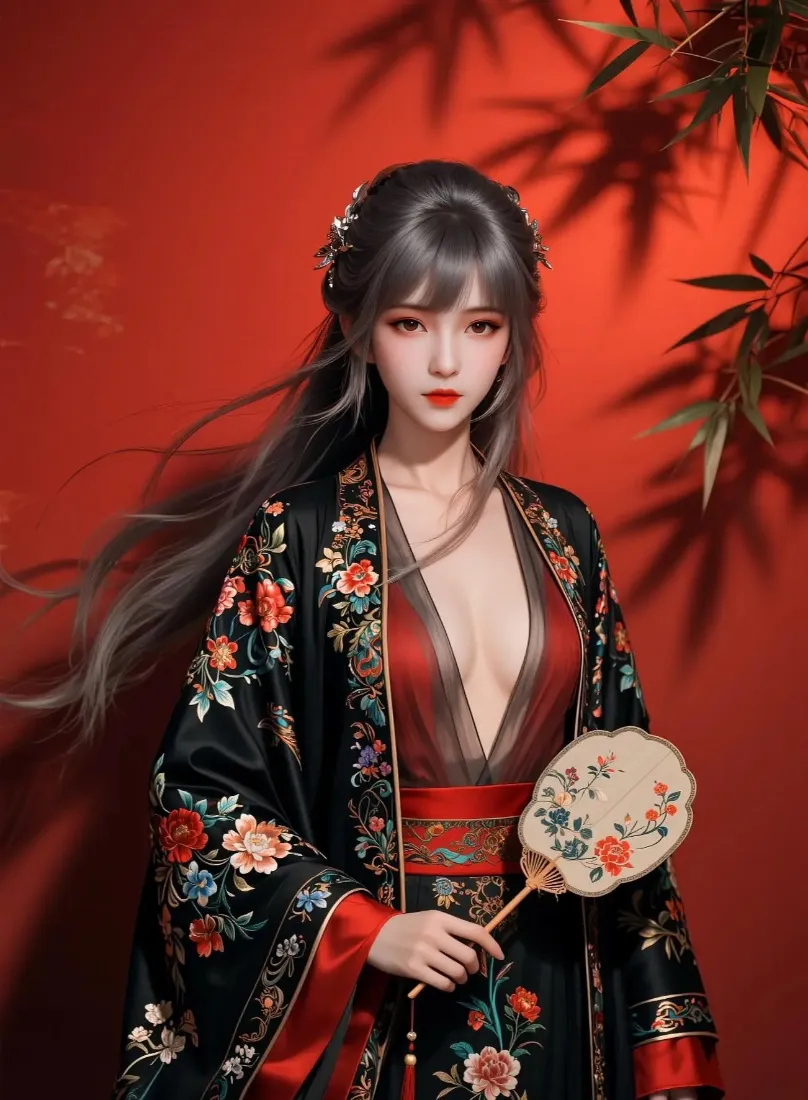 古风美女手机壁纸｜红背景图片 - 团扇深V服饰「哲风壁纸」