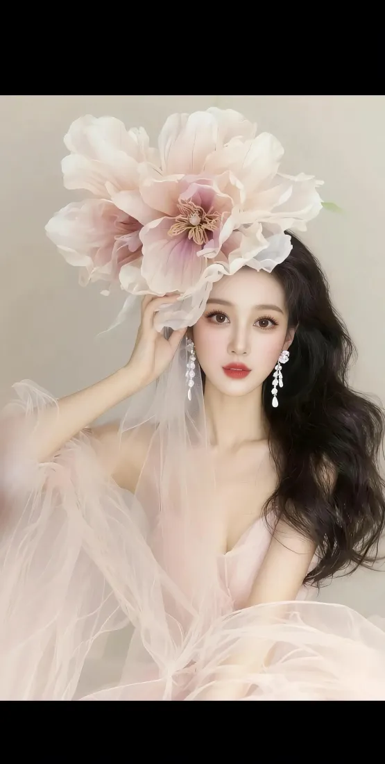 古典美女手机壁纸｜粉色轻纱背景 - 大花朵头饰「哲风壁纸」