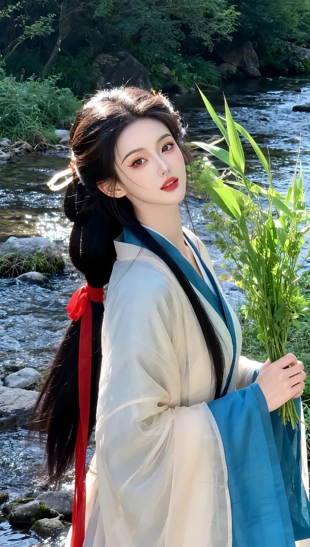 古装美女手机壁纸｜古风背景图片 - 汉服溪流绿植「哲风壁纸」