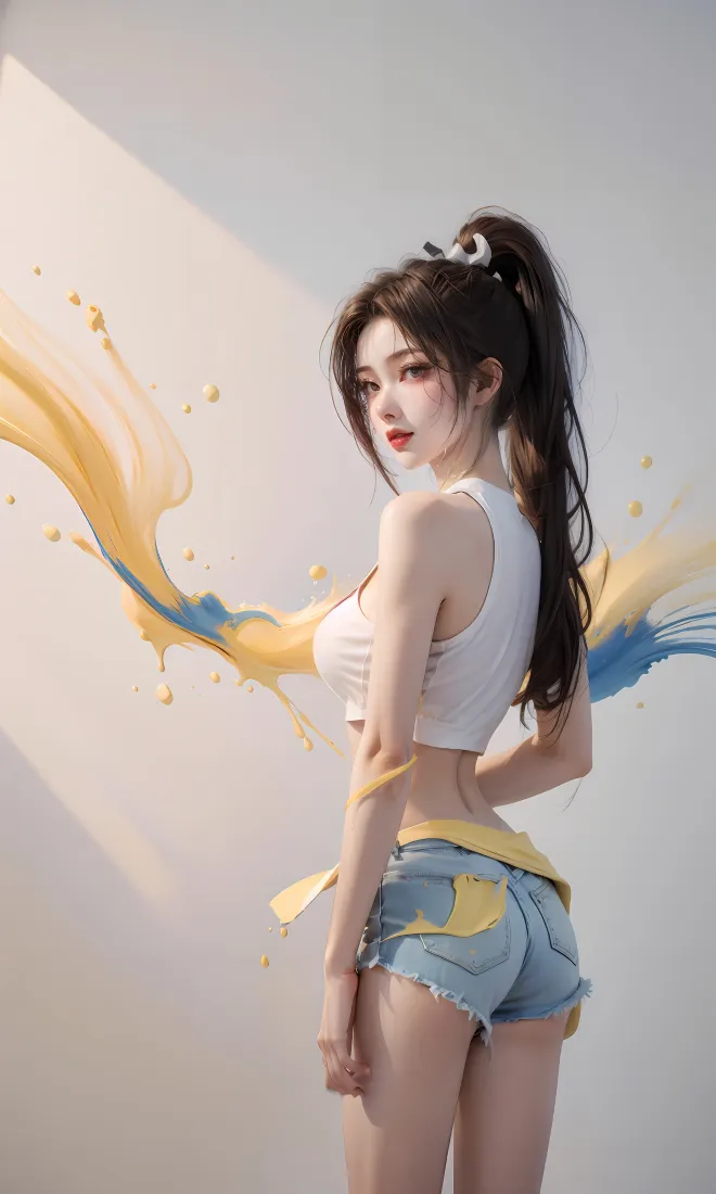 高马尾女生手机壁纸｜艺术背景图片 - 黄色泼墨牛仔短裤「哲风壁纸」