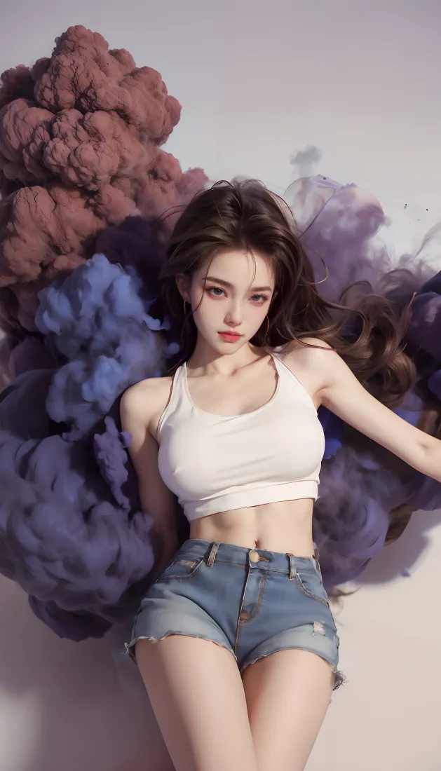 白衣美女手机壁纸｜紫色烟雾背景 - 牛仔短裤「哲风壁纸」