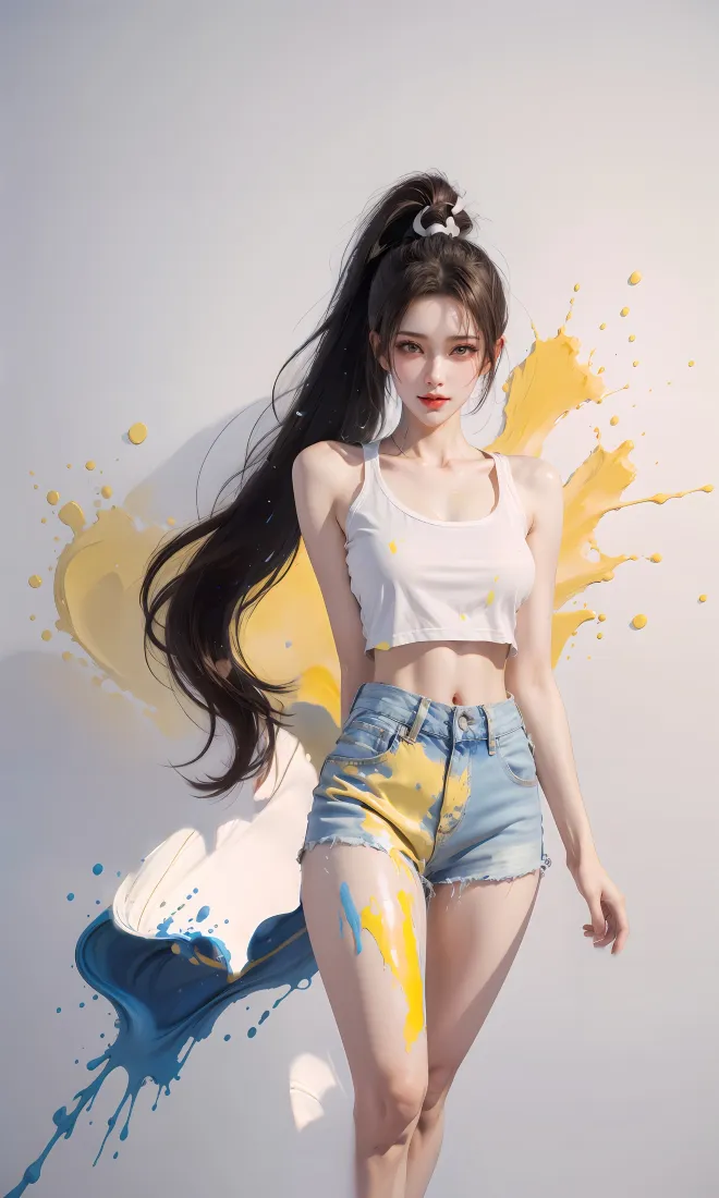 长发美女手机壁纸｜泼墨背景图片 - 白色背心牛仔短裤「哲风壁纸」