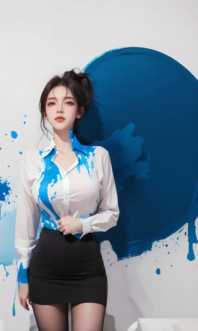 ADA SEQA手机壁纸｜蓝色泼墨背景 - 白衬衫黑裙黑丝「哲风壁纸」