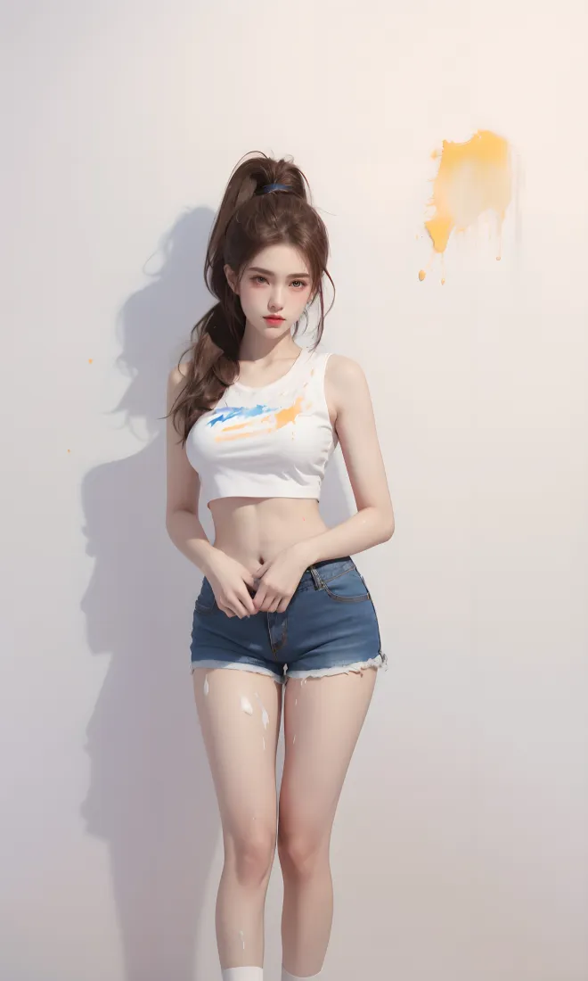 美女手机壁纸｜白色背景图片 - 牛仔短裤穿搭「哲风壁纸」