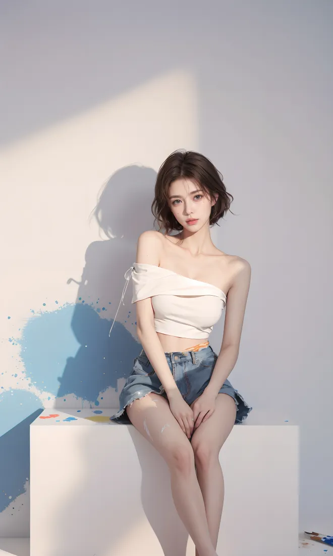 短发美女手机壁纸｜蓝色涂鸦背景图片 - 时尚穿搭「哲风壁纸」