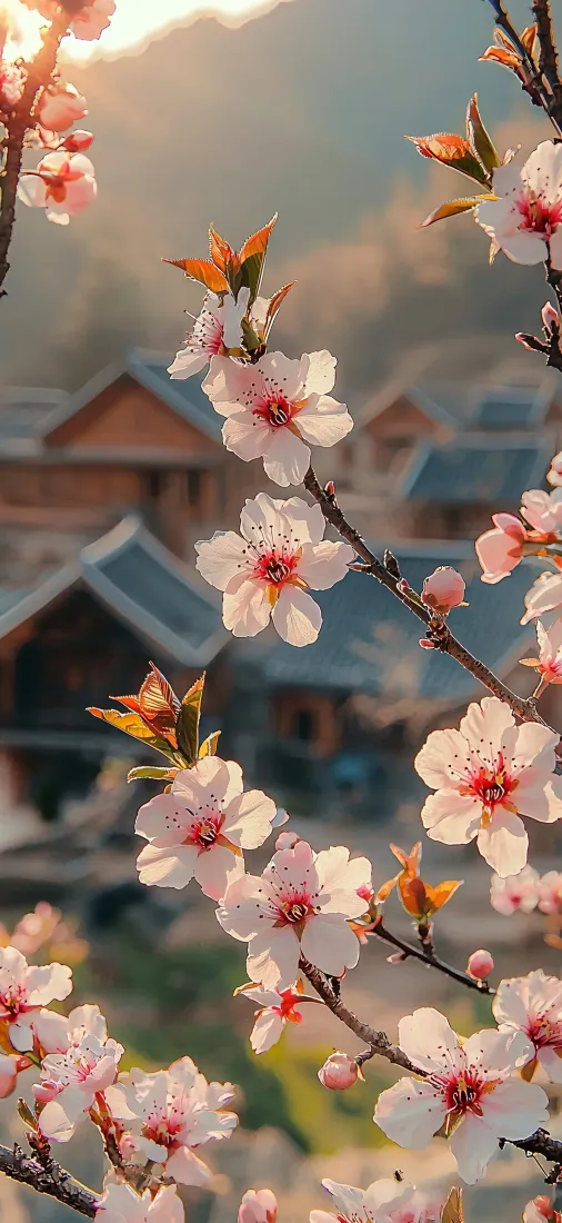 樱花手机壁纸｜古村落背景图片 - 春日景深「哲风壁纸」