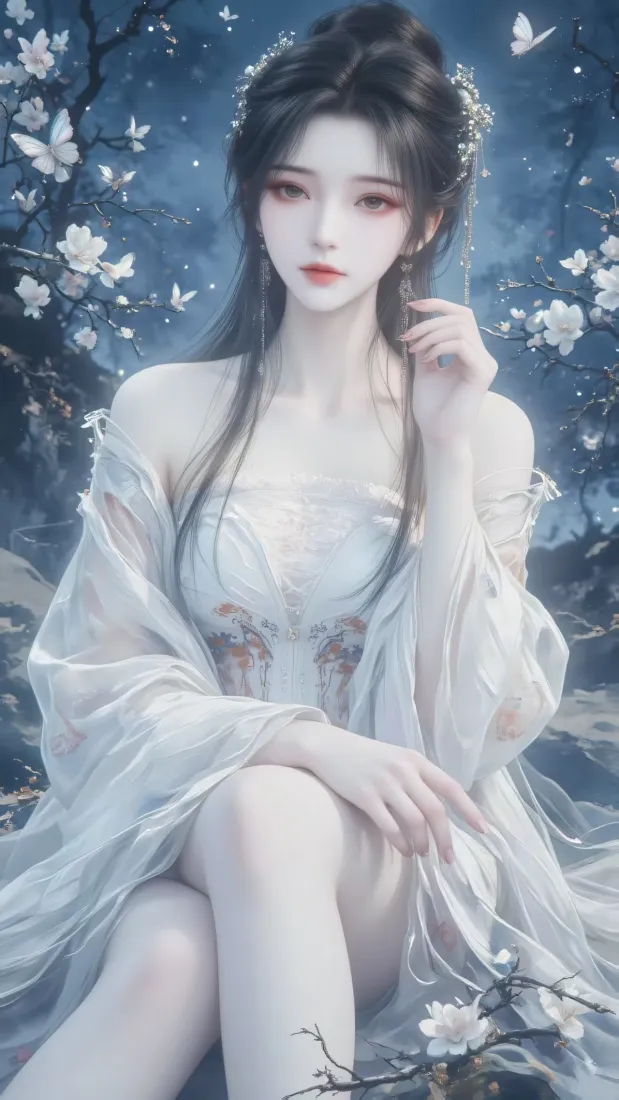 古风女子手机壁纸｜蓝色背景图片 - 白衣花朵「哲风壁纸」