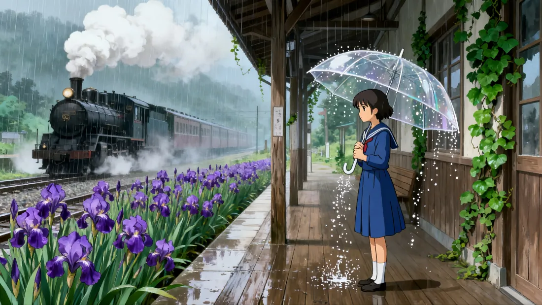 4k水手服女孩壁纸｜雨天车站背景图片 - 蒸汽列车郁金香「哲风壁纸」