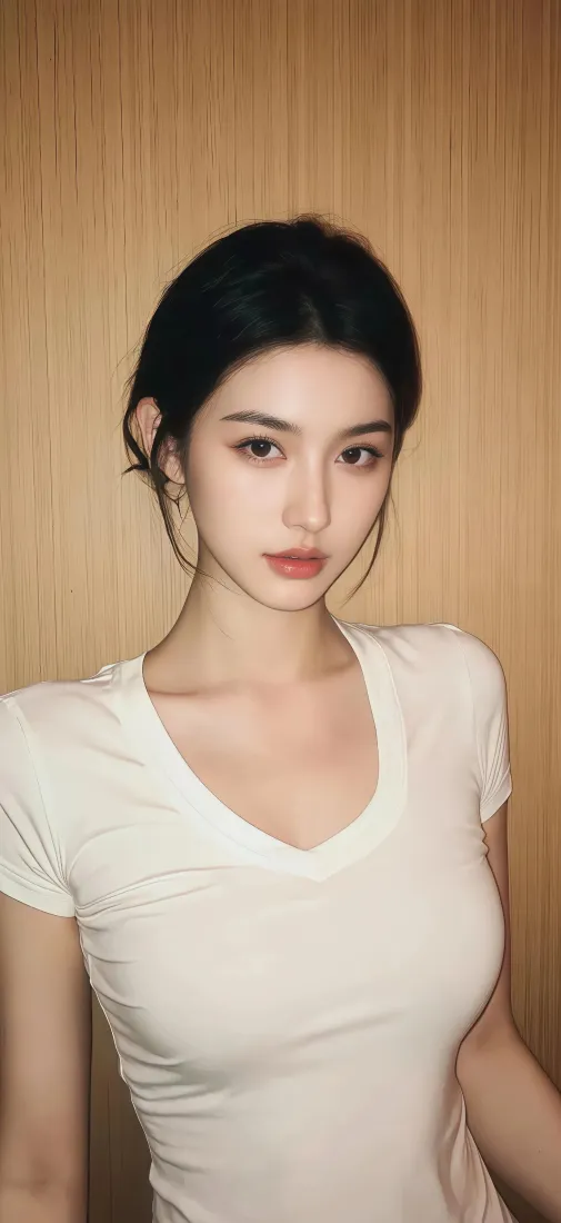 白色T恤美女手机壁纸｜木质背景图片 - 红唇气质美女「哲风壁纸」