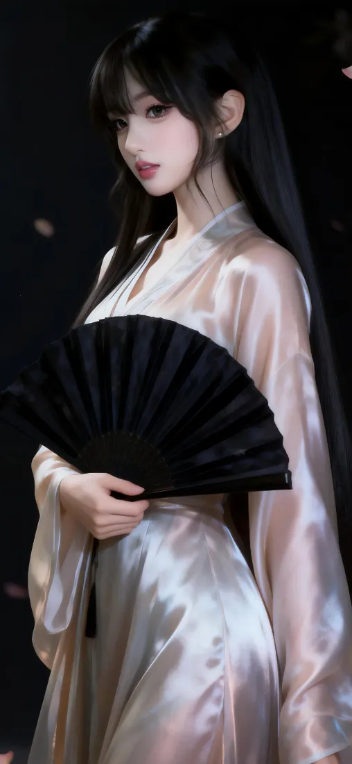 古风美女手机壁纸｜暗背景图片 - 黑色折扇「哲风壁纸」
