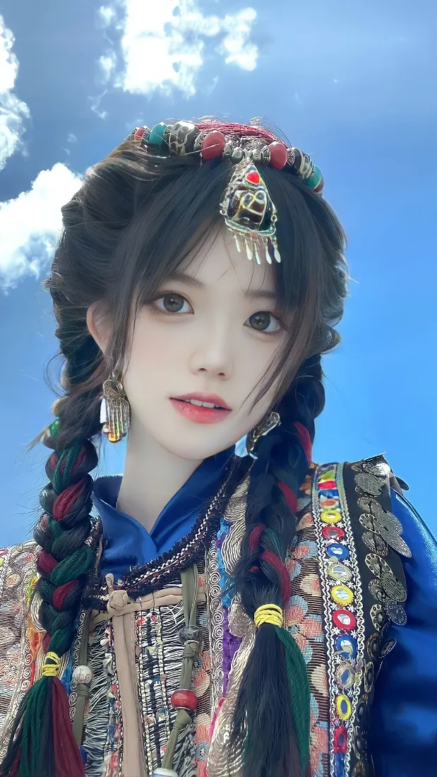 民族服饰女孩手机壁纸｜蓝天白云背景图片 - 彩色辫子头饰「哲风壁纸」