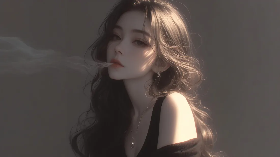 4k长发美女壁纸｜烟雾背景图片 - 暗调黑衣女性「哲风壁纸」
