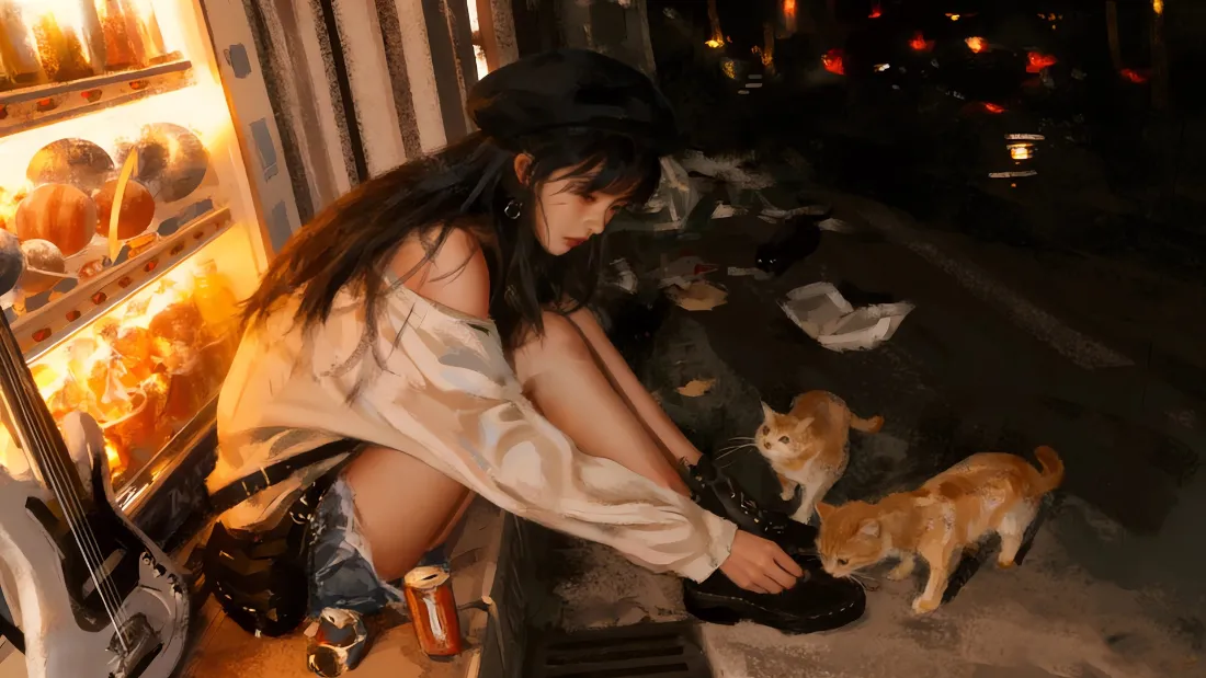 2k少女与猫咪壁纸｜夜晚街道背景 - 温馨互动「哲风壁纸」