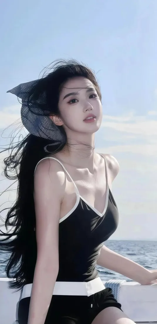 海边美女手机壁纸｜海边背景图片 - 黑色吊带「哲风壁纸」