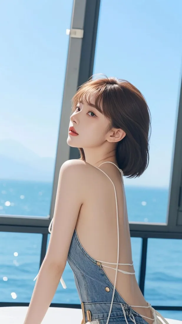 短发美女手机壁纸｜海边背景图片 - 露背牛仔裙「哲风壁纸」
