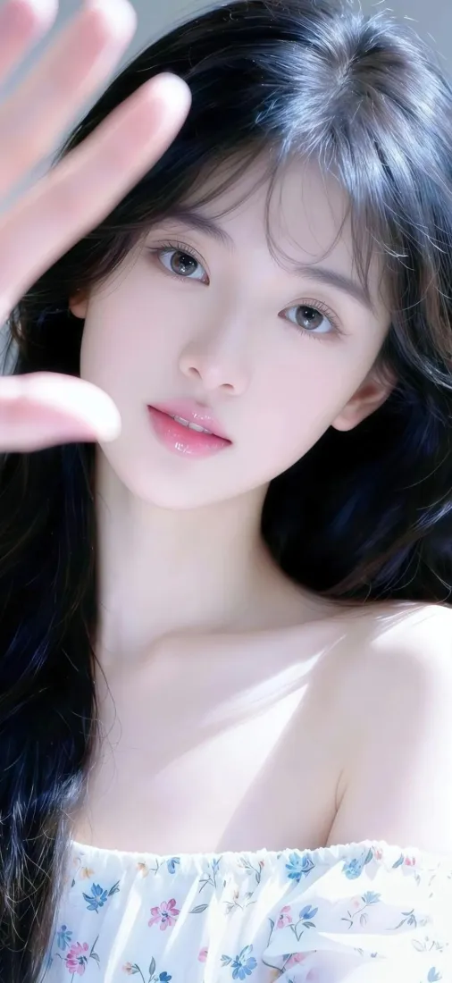 长发美女手机壁纸｜碎花露肩背景图 - 清新温柔「哲风壁纸」