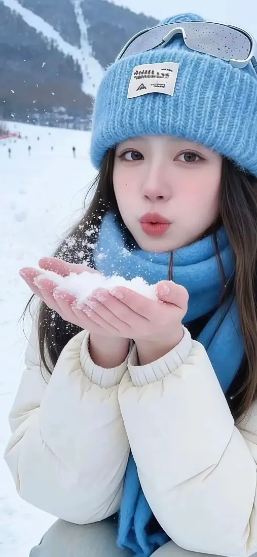女孩手机壁纸｜雪地背景图片 - 蓝色帽子美女「哲风壁纸」
