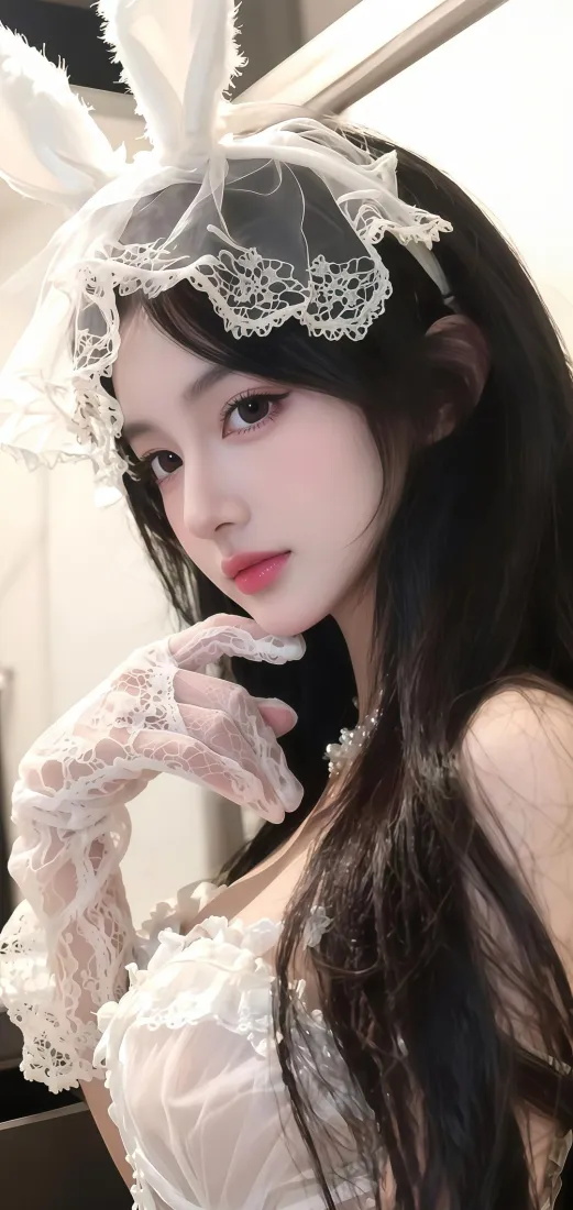 兔耳美女手机壁纸｜白色蕾丝背景图片 - Ios「哲风壁纸」
