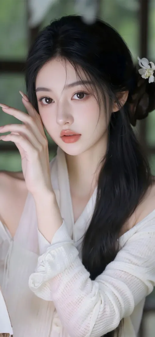古风美女手机壁纸｜中式窗景背景 - 白衣发饰「哲风壁纸」