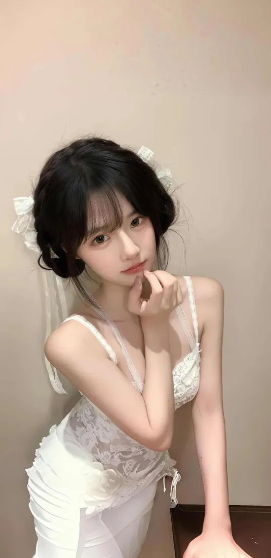 白衣美女手机壁纸｜室内背景图片 - 蕾丝裙「哲风壁纸」