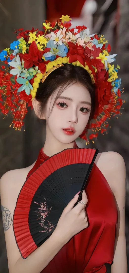 红衣美女手机壁纸｜古风背景图 - 扇子花饰头饰「哲风壁纸」