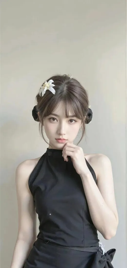 黑衣美女手机壁纸｜浅灰背景图片 - 气质美女「哲风壁纸」