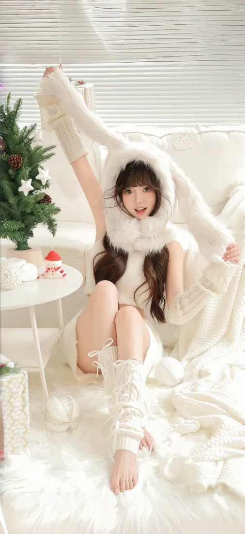 白衣毛绒美女手机壁纸｜圣诞室内背景 - 可爱冬日「哲风壁纸」