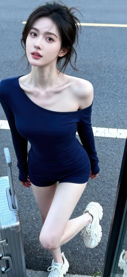 深蓝露肩装美女手机壁纸｜马路背景图片 - 时尚街拍「哲风壁纸」