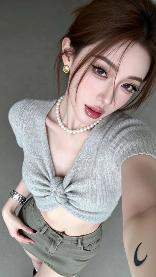 红唇美女手机壁纸｜灰色背景图片 - 珍珠项链「哲风壁纸」