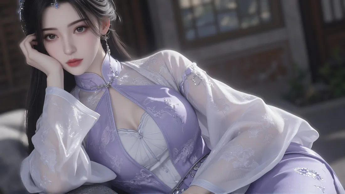 8k李慕婉壁纸｜古风庭院背景 - 紫色薄纱美女「哲风壁纸」