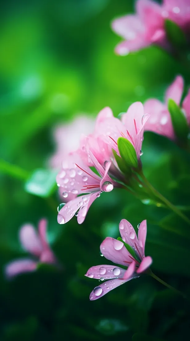 粉色花朵手机壁纸｜绿色背景图 - 水珠花卉「哲风壁纸」