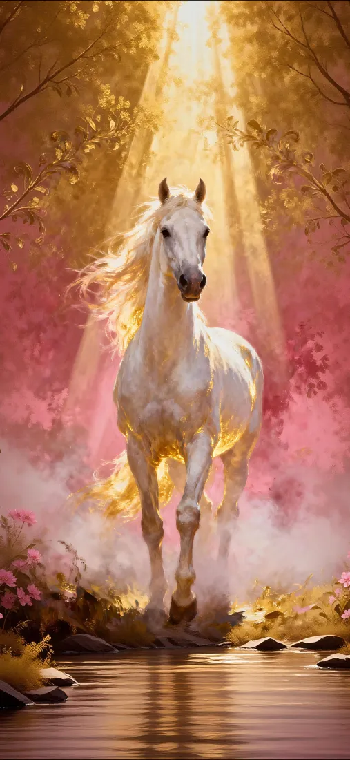 白马油画风格手机壁纸｜阳光水面背景图 - 金色光线花朵「哲风壁纸」