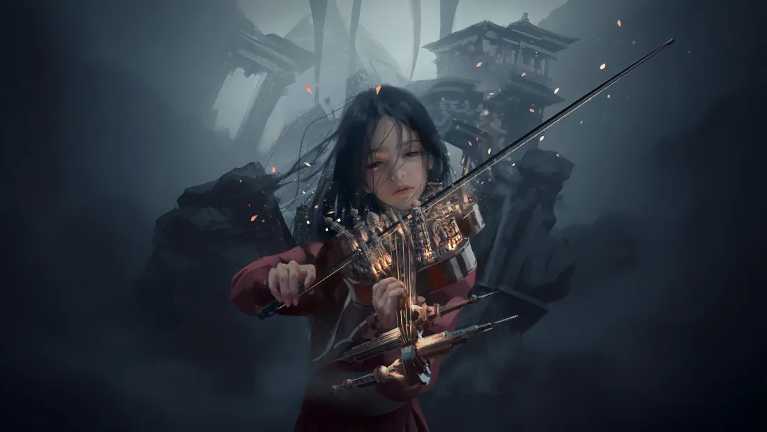 5kWLOP壁纸｜废墟背景图片 - 小提琴演奏「哲风壁纸」