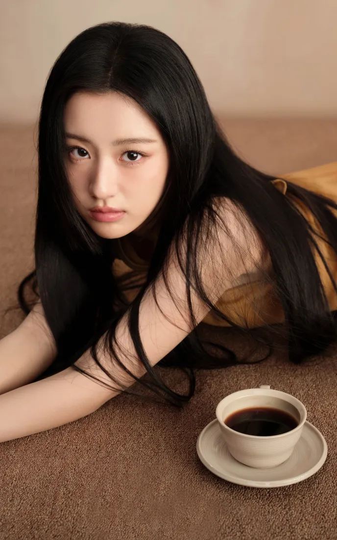 长发美女手机壁纸｜咖啡背景图片 - 居家慵懒「哲风壁纸」