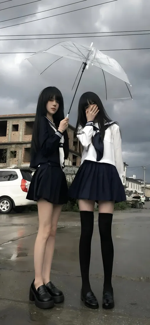 JK姐妹花手机壁纸｜雨天街道背景图片 - JK制服「哲风壁纸」